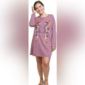 Umgee Sz L Women's Mauve Boho Floral Embroidered Heathered Knit Dress